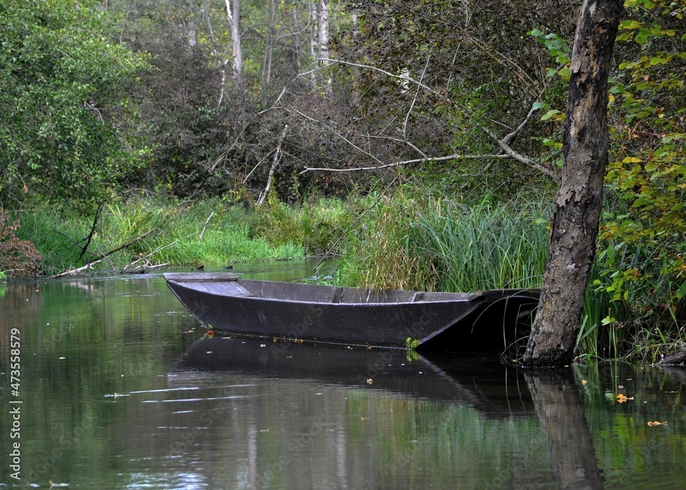 Old fishing boat in an early Autumn landscape in the Taubergiessen Nature conservation area along the river Rhine in the Ortenau region of Baden Germany Old fishing boat in an early Autumn landscape in the Taubergiessen Nature conservation area along the river Rhine in the Ortenau region of Baden Germany