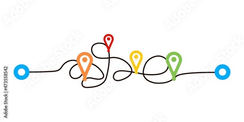 Confusing paths routes isolated on white background. Transport tracking, travel, map pins, location pins.