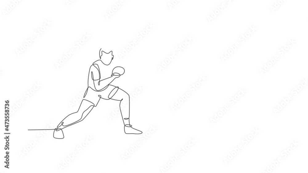 Animated self drawing of single continuous line draw young agile man table tennis player wait for a rival ball. Sport exercise concept. Full length one line animation for ping pong promotion media. Animated self drawing of single continuous line draw young agile man table tennis player wait for a rival ball. Sport exercise concept. Full length one line animation for ping pong promotion media.