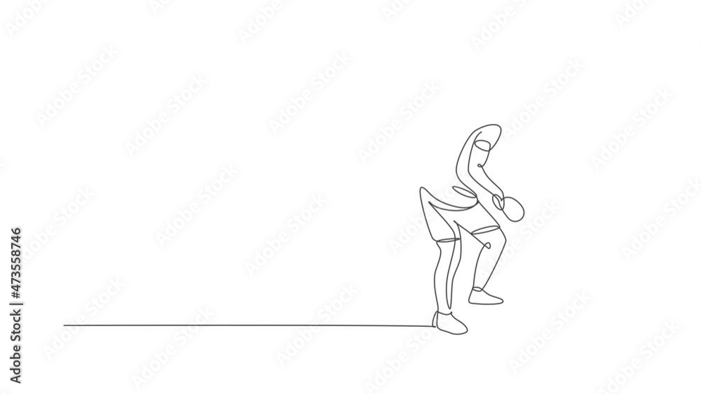 Animation of one line drawing of energetic man table tennis player train to ball serve. Sport training concept. Continuous line self draw animated for ping pong tournament banner. Full length motion. Animation of one line drawing of energetic man table tennis player train to ball serve. Sport training concept. Continuous line self draw animated for ping pong tournament banner. Full length motion.