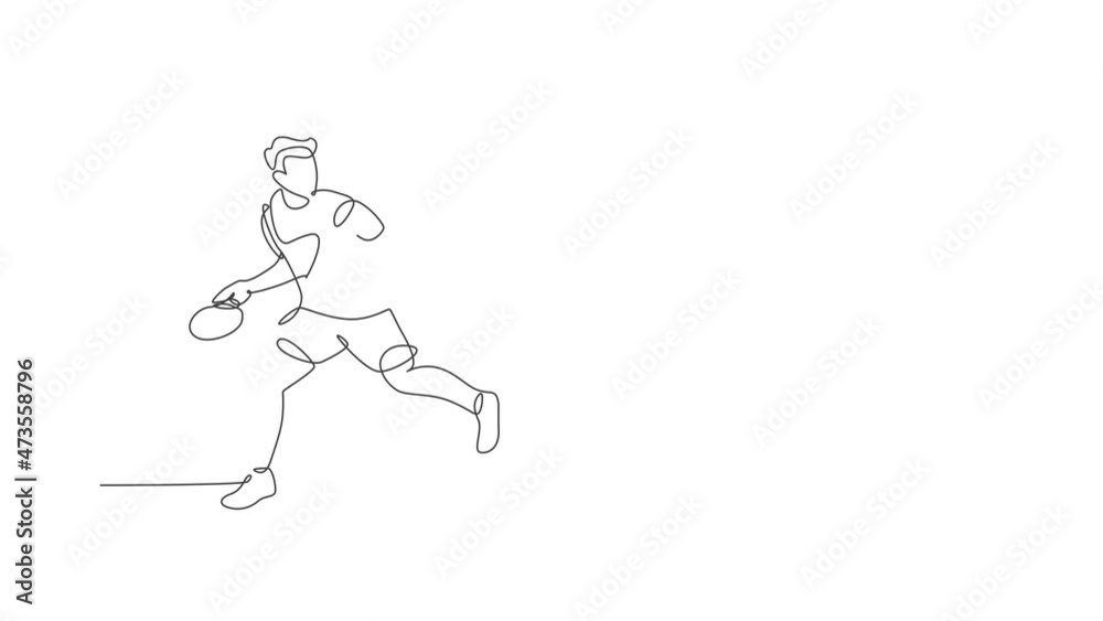 Animation of one line drawing of energetic man table tennis player run to catch the ball. Sport training concept. Continuous line self draw animated for ping pong tournament banner. Full length motion Animation of one line drawing of energetic man table tennis player run to catch the ball. Sport training concept. Continuous line self draw animated for ping pong tournament banner. Full length motion