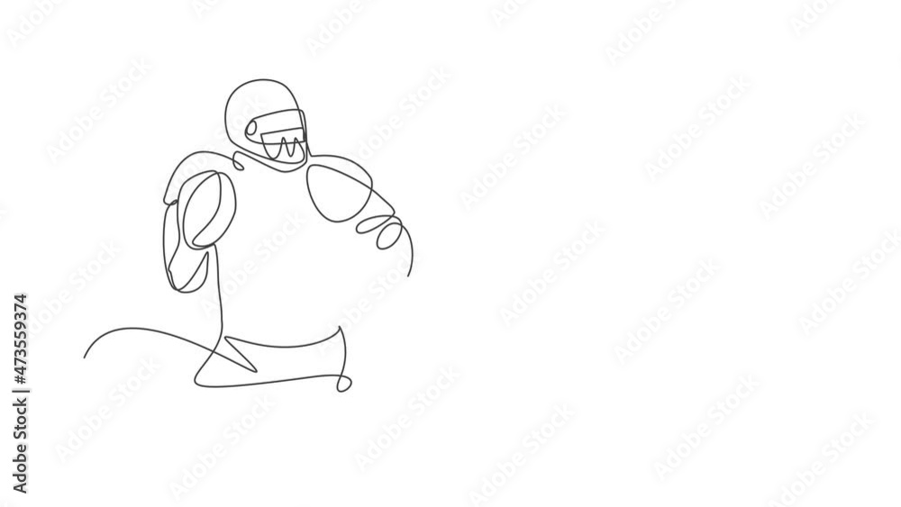 Animation of one line drawing of american football player stance to pass the ball for national league promotion. Sport competition concept. Continuous line self draw animated. Full length motion.