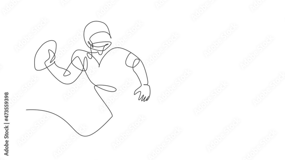 Animated self drawing of continuous line draw young agile american football player ready to pass the ball to teammate for competition media. Sport exercise concept. Full length one line animation.