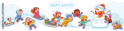 Children in the yard are playing snowballs and sledding from a snow slide. Kids playing in winter outdoors. Colorful cartoon characters. Isolated on white background. Seamless panorama