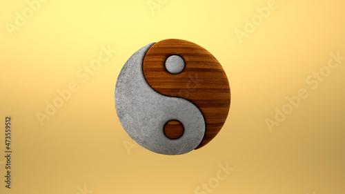 Three dimensional render of yin and yang symbol made of wood and concrete
