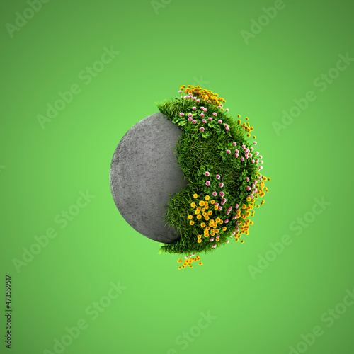 Three dimensional render of springtime meadow overgrowing concrete sphere photo