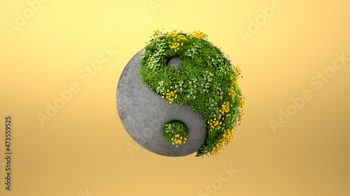 Three dimensional render of yin and yang symbol made of concrete and springtime meadow