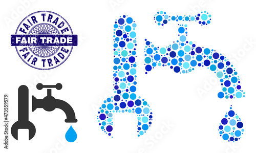 Circle collage plumbing icon and FAIR TRADE round unclean stamp seal. Violet stamp includes FAIR TRADE caption inside circle and guilloche style. Vector collage is based on plumbing icon,