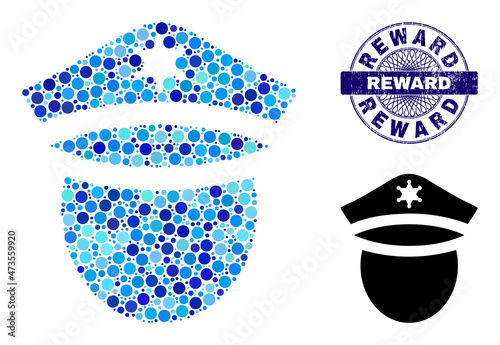 Round dot combination police head icon and REWARD round textured seal. Blue seal includes REWARD text inside circle and guilloche ornament. Vector collage is based on police head icon,