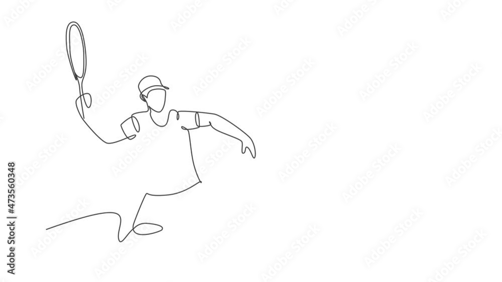 Animation of one line drawing of energetic male tennis player hit the ball from opponent. Sport training concept. Continuous line self draw animated for tennis tournament banner. Full length motion.