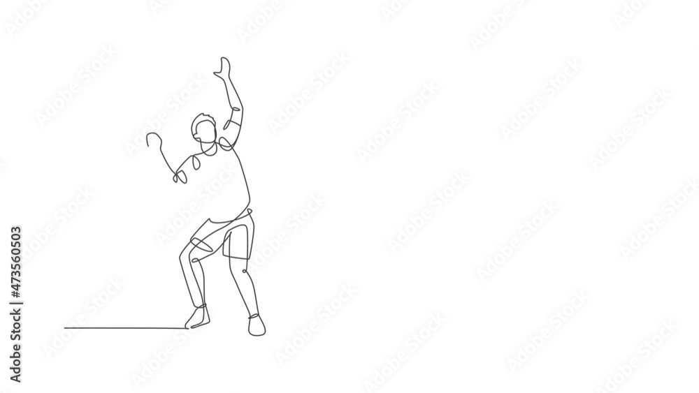 Animated self drawing of one continuous line draw young happy man tennis player prepare to service and hit the ball. Competitive sport concept. Full length single line animation for tournament poster. Animated self drawing of one continuous line draw young happy man tennis player prepare to service and hit the ball. Competitive sport concept. Full length single line animation for tournament poster.