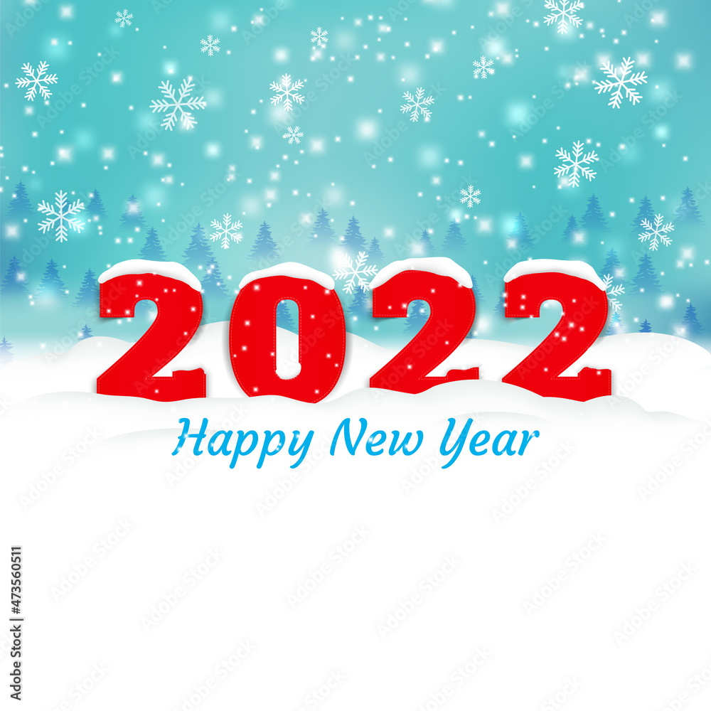 Happy New Year 2022, banner with falling snow and snowflakes on a snow-covered background. Numbers in the snow. Merry Christmas Greeting card, brochure or banner template. Stock Vector illustration.