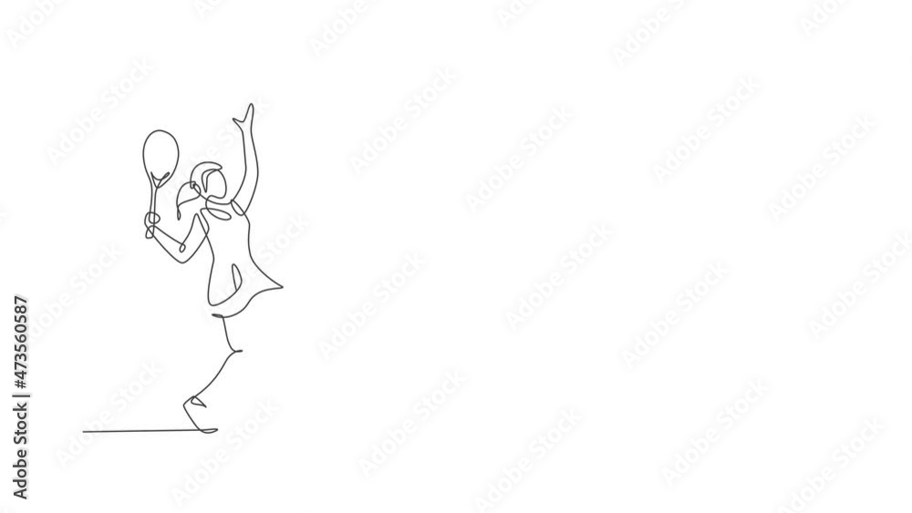 Animation of one line drawing of energetic female tennis player hit the ball. Sport training concept. Continuous line self draw animated for tennis tournament banner and poster. Full length motion. Animation of one line drawing of energetic female tennis player hit the ball. Sport training concept. Continuous line self draw animated for tennis tournament banner and poster. Full length motion.