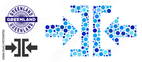 Circle composition press horizontal direction icon and GREENLAND round unclean seal. Blue stamp seal includes GREENLAND title inside circle and guilloche pattern.