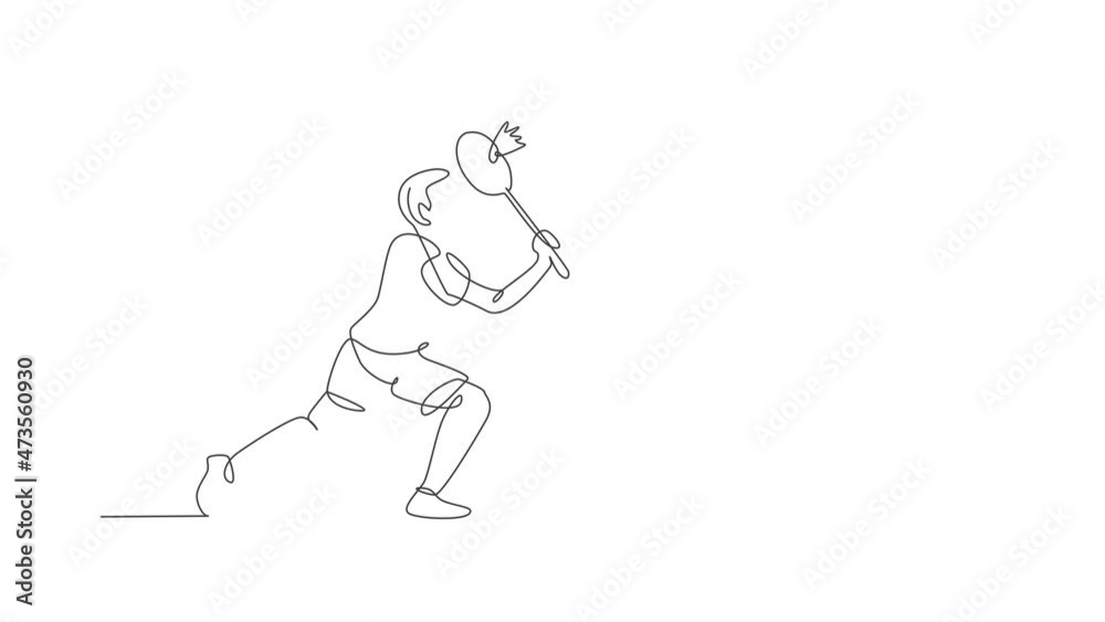Animated self drawing of single continuous line draw young agile badminton player take a hit from opponent. Sport training concept. Full length one line animation for badminton tournament publication. Animated self drawing of single continuous line draw young agile badminton player take a hit from opponent. Sport training concept. Full length one line animation for badminton tournament publication.