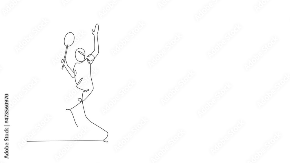 Animated self drawing of single continuous line draw young agile badminton player hit shuttlecock. Competitive sport concept. Full length one line animation for badminton tournament publication media.