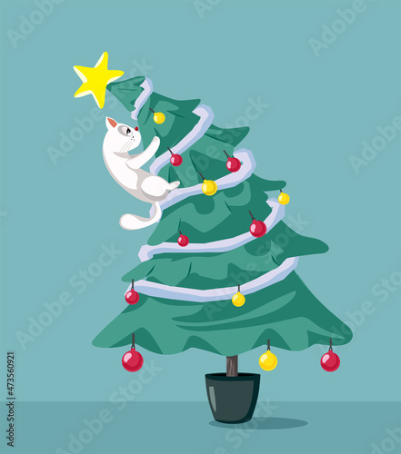 Cat Pulling Down Christmas Tree Vector Cartoon Illustration