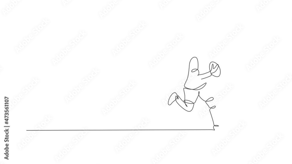 Animated self drawing of single continuous line draw young agile female rugby player holding the ball. Competitive sport concept. Full length one line animation for rugby tournament promotion media. Animated self drawing of single continuous line draw young agile female rugby player holding the ball. Competitive sport concept. Full length one line animation for rugby tournament promotion media.