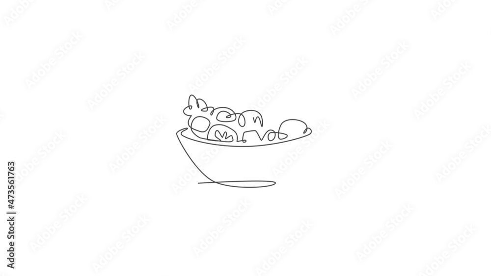 Animated self drawing of continuous line draw stylized vegetables salad on bowl logo label. Healthy food restaurant concept. Full length one line animation for cafe, shop or food delivery service. Animated self drawing of continuous line draw stylized vegetables salad on bowl logo label. Healthy food restaurant concept. Full length one line animation for cafe, shop or food delivery service.