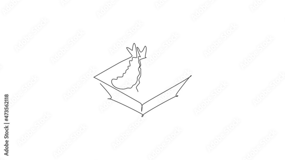 Animated self drawing of continuous line draw stylized Japanese prawn tempura logo label. Emblem seafood restaurant concept. Full length one line animation for cafe, shop or food delivery service. Animated self drawing of continuous line draw stylized Japanese prawn tempura logo label. Emblem seafood restaurant concept. Full length one line animation for cafe, shop or food delivery service.