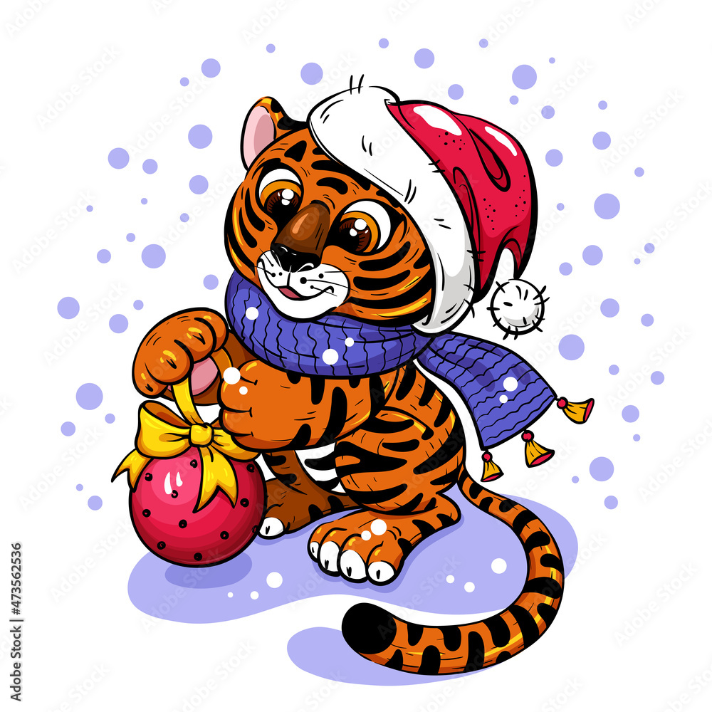 Naklejka premium Cute New Year Character Tiger Cub in Santa Hat