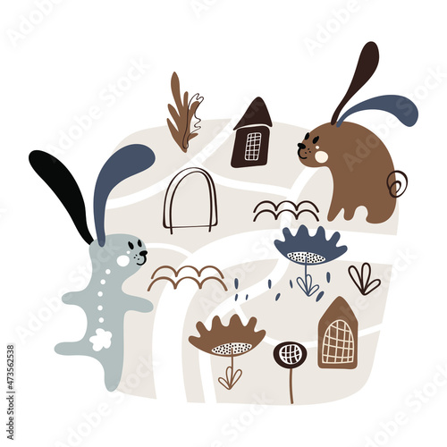 Cute hand drawn map in scandinavian style. Road in forest and various doodle wild rabbits, hares and plants. Vector illustration. Carrot, healthy food