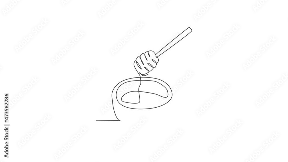 Animated self drawing of continuous line draw fresh delicious sweet honey on wooden bowl with dipper drip. Natural organic food template concept. Full length single line animation healthy supplement. Animated self drawing of continuous line draw fresh delicious sweet honey on wooden bowl with dipper drip. Natural organic food template concept. Full length single line animation healthy supplement.