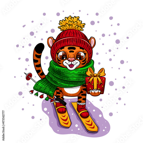 Cut Cartoon Tiger in knitted hat is skiing