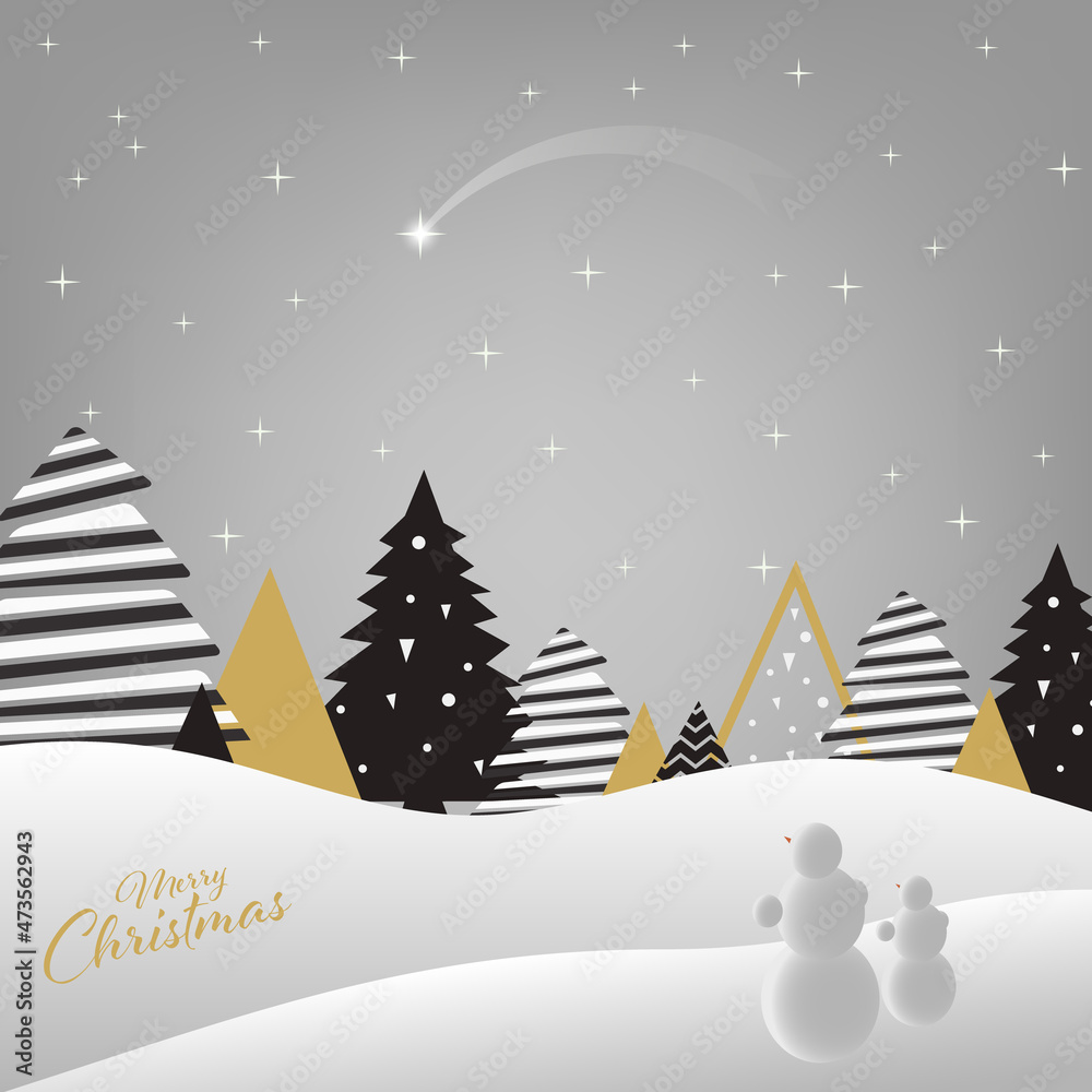 Christmas abstract card with snowy forest and snowmen template