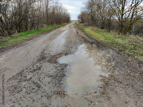 Country road with big puddles through agricultural fields in cloudy weather