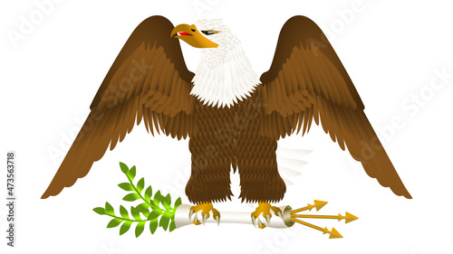 American eagle clutching a parchment with olive branches and arrows protruding from the parchment on either side