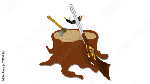 Antique shotgun resting against a tree stump with a hatchet and powder horn 