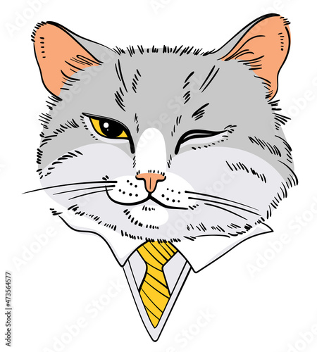 Cat portrait drawing. Funny cat winks one eye. Cat smirk. Portrait of cat in business suit. Cartoon characters. Funny vector illustration. Isolated on white background