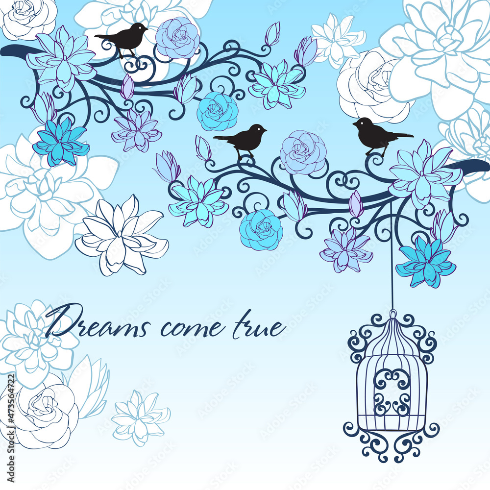 Branches with flowers and birds and a birdcage Branches with flowers and birds and a birdcage