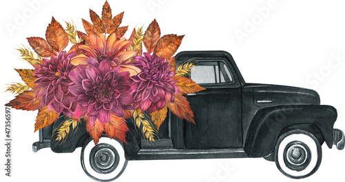 Watercolor black retro truck with autumn fall leaves and flowers