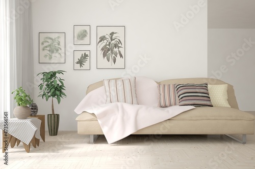 White living room with sofa. Scandinavian interior design. 3D illustration © AntonSh