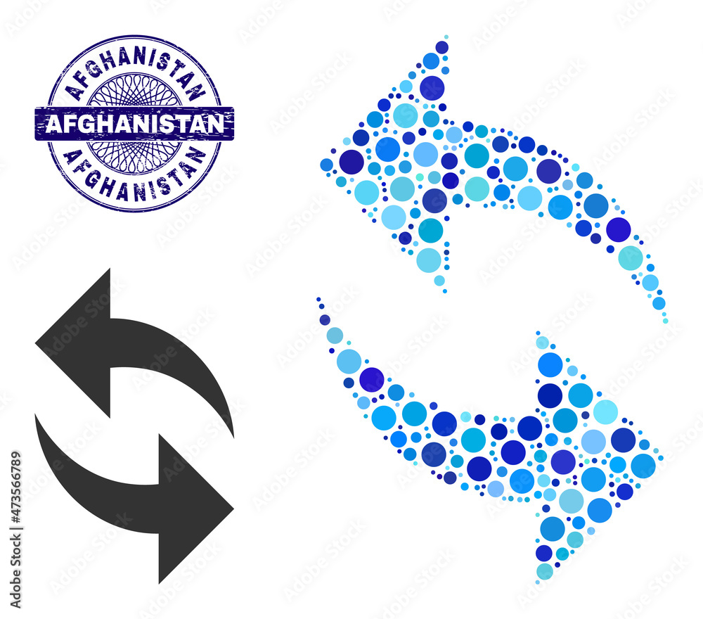 Rounded dot collage refresh icon and AFGHANISTAN round rubber stamp seal. Blue stamp seal includes AFGHANISTAN tag inside circle and guilloche style. Vector collage is based on refresh icon, Rounded dot collage refresh icon and AFGHANISTAN round rubber stamp seal. Blue stamp seal includes AFGHANISTAN tag inside circle and guilloche style. Vector collage is based on refresh icon,