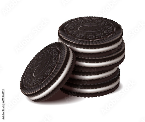 3d realistic vector icon. Oreo chocolate cookies in stack for brand embems. Isolated on white background.