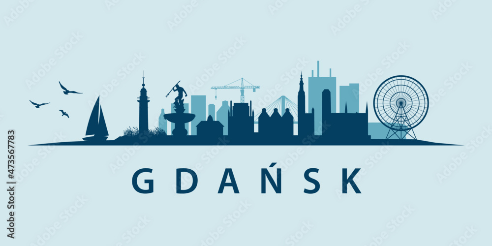 Gdańsk City in Poland Skyline Urban Landscape in Eastern Europe. Landmarks, churches, lighthouse, sculpture, beach, shore. Sea and city view. - obrazy, fototapety, plakaty 