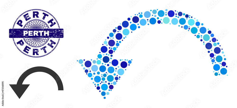 Circle mosaic rotate ccw icon and PERTH round textured stamp print. Blue stamp seal includes PERTH caption inside circle and guilloche ornament. Vector mosaic is based on rotate ccw icon, Circle mosaic rotate ccw icon and PERTH round textured stamp print. Blue stamp seal includes PERTH caption inside circle and guilloche ornament. Vector mosaic is based on rotate ccw icon,