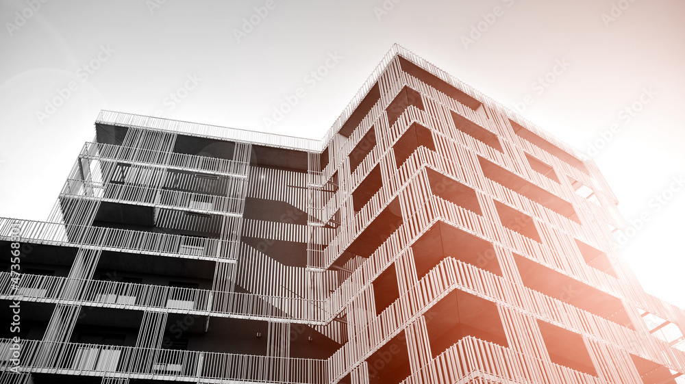 Abstract fragment of contemporary architecture. Residential area in the city, modern apartment buildings. Black and white.  - obrazy, fototapety, plakaty 
