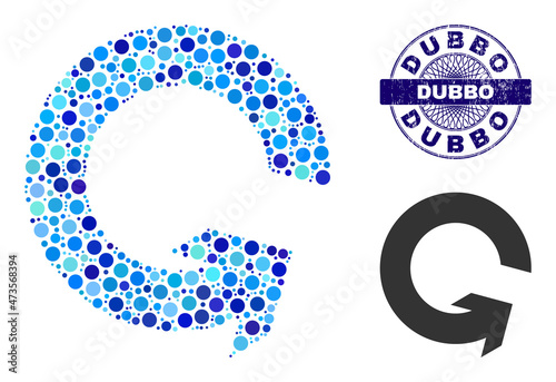 Round dot composition rotate ccw icon and DUBBO round unclean stamp print. Blue stamp seal includes DUBBO tag inside circle and guilloche pattern. Vector mosaic is based on rotate ccw icon, photo