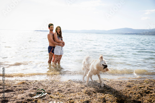 Couple looking at dog shaking off water photo