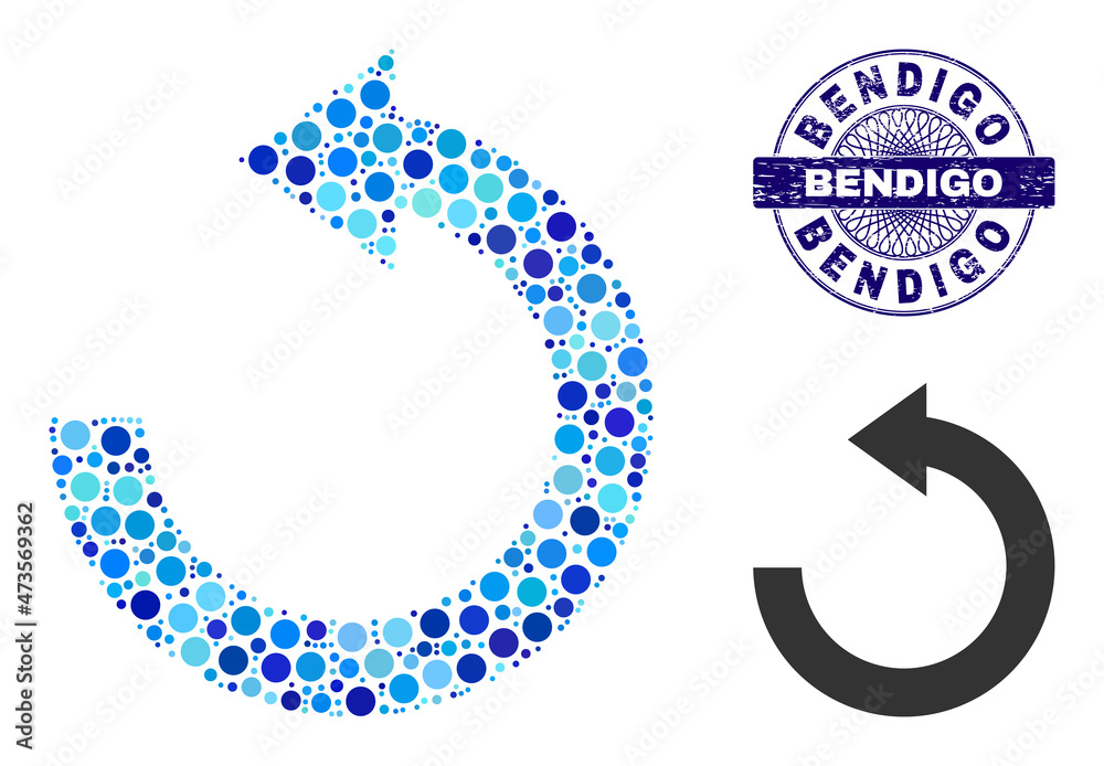 Circle collage rotate left icon and BENDIGO round unclean stamp seal ...