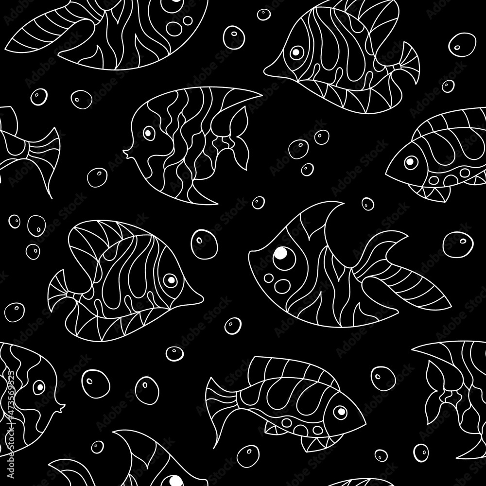 Seamless pattern of fantasy monochrome psychedelic, creative doddle fish. Zen art creative design collection on black background. Vector illustration. Seamless pattern of fantasy monochrome psychedelic, creative doddle fish. Zen art creative design collection on black background. Vector illustration.