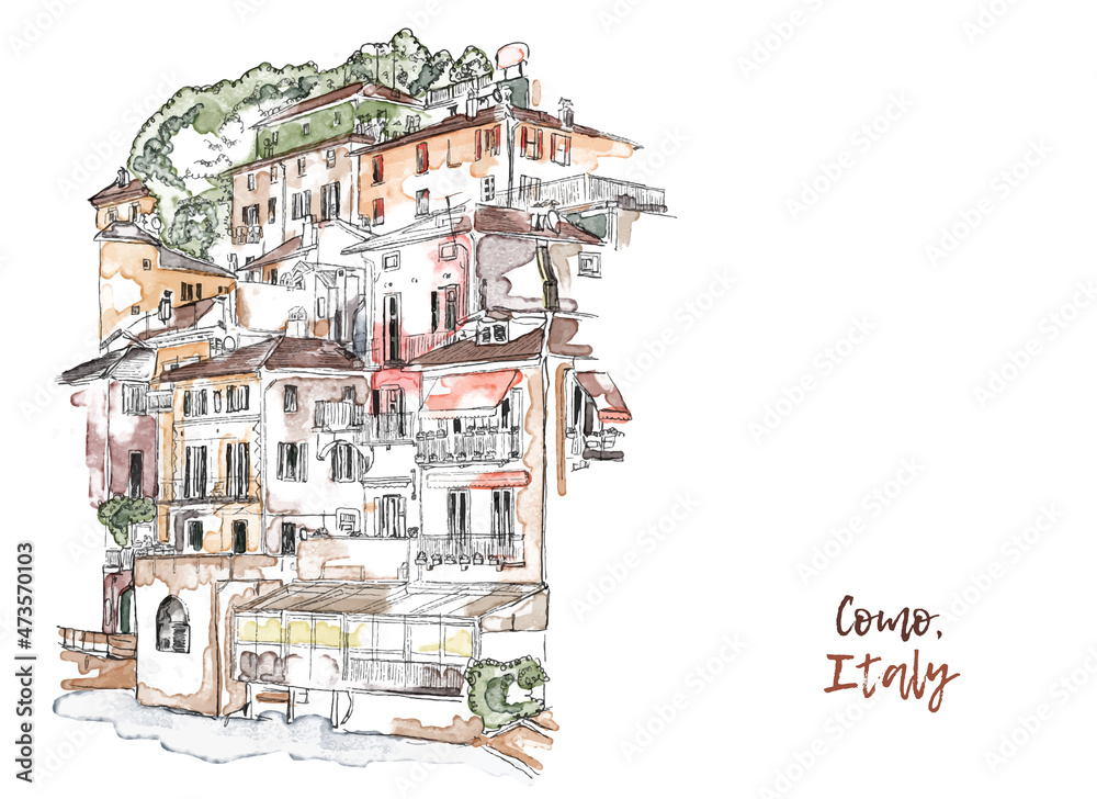 Watercolor Vector ink Sketch of Como city, Lombardy, Northern Italy. Lake Como, Lario view. Italian Sightseeing. travelling in Italy. Simple urban sketch for postcards, logos or banners