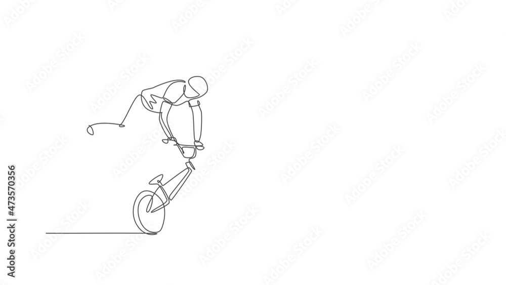 Animation of one line drawing of bmx bicycle rider performing freestyle trick on street. Extreme sport concept. Continuous line self draw animated for freestyle competition banner. Full length motion. Animation of one line drawing of bmx bicycle rider performing freestyle trick on street. Extreme sport concept. Continuous line self draw animated for freestyle competition banner. Full length motion.