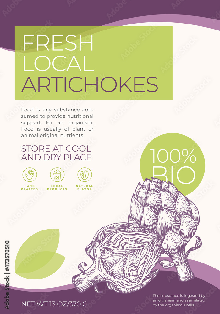 Fresh Local Vegetables Label Template. Abstract Vector Packaging Design Layout. Modern Typography Banner with Hand Drawn Artichokes Sketch Silhouette Background Isolated