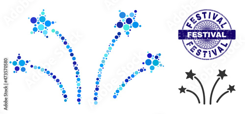 Round dot collage salute icon and FESTIVAL round unclean stamp seal. Violet stamp seal includes FESTIVAL title inside circle and guilloche style. Vector collage is based on salute icon,