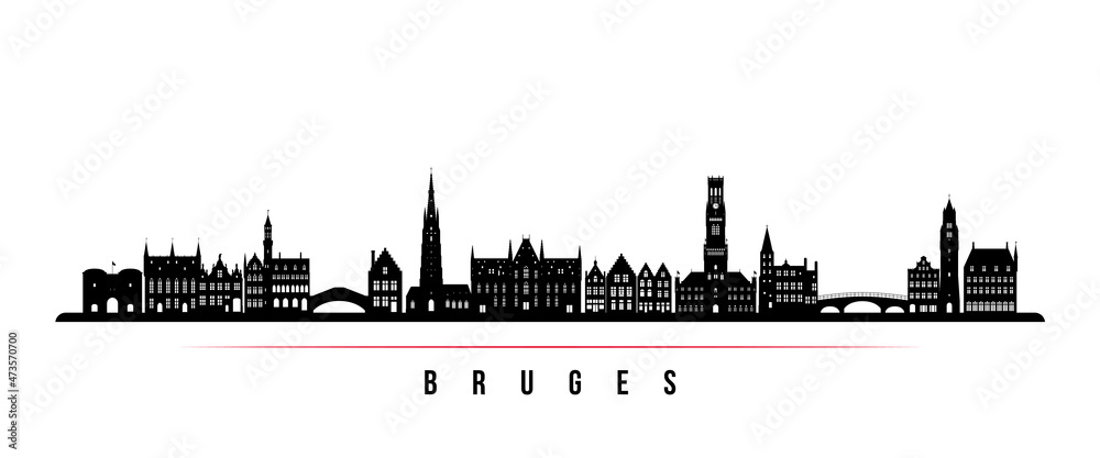Bruges skyline horizontal banner. Black and white silhouette of Bruges, Belgium. Vector template for your design.